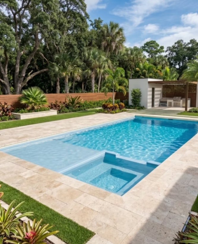 Signature fiberglass pool with spa